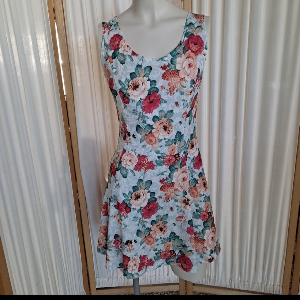 Tomsware Blue Darted A-Line Dress with Multicolored Floral Print